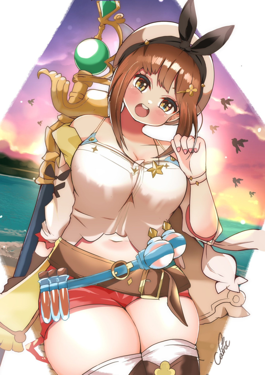 :d artist_name atelier_(series) atelier_ryza atelier_ryza_1 beach belt belt_buckle beret bird blush breasts brown_belt brown_gloves brown_hair buckle camisole carrot_summer cleavage cloud collarbone female fingernails gloves gradient_sky hair_ornament hairclip hand_up hat head_tilt highres holding holding_staff jewelry large_breasts lens_flare looking_at_viewer medium_hair nail_polish navel necklace open_mouth pink_nails red_shorts reisalin_stout round_teeth short_shorts shorts single_glove skindentation sky smile staff star_(symbol) star_necklace teeth thick_thighs thighhighs thighs twilight vial water white_camisole white_hat white_thighhighs yellow_eyes