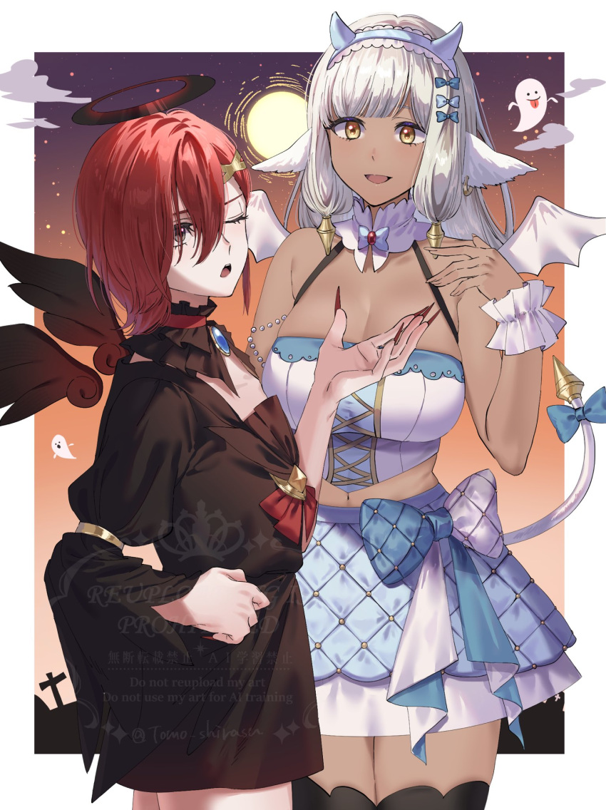 1boy alternate_costume angel animal_ears ash_(fire_emblem) bare_shoulders border breasts choker circlet cleavage commentary_request cow_ears cow_girl dark-skinned_female dark_skin demon_costume earrings elm_(fire_emblem) fake_wings female fingernails fire_emblem fire_emblem_heroes frilled_choker frills full_moon grey_eyes halloween_costume halo highres horns jewelry large_breasts long_fingernails moon navel one_eye_closed otoko_no_ko pale_skin red_hair red_nails skirt sleeveless tail tomo_shirasu twitter_username watermark white_border white_hair wings wrist_cuffs yellow_eyes