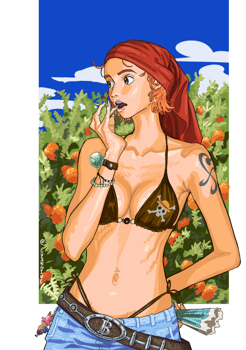 absurdres arm_tattoo artist_name belt belt_buckle bikini bikini_under_clothes black_bikini blue_pants breasts buckle commentary earrings english_commentary ev3ngine female food fruit highres holding holding_map hoop_earrings jewelry log_pose mandarin_orange map medium_breasts nami_(one_piece) navel one_piece open_mouth orange_hair pants print_bikini short_hair solo swimsuit tattoo teeth tree twitter_username upper_body upper_teeth_only white_nails