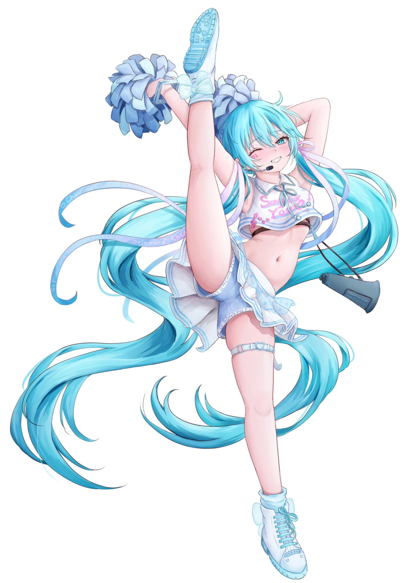 aqua_eyes aqua_hair armpits arms_behind_head arms_up blue_socks bow cheerleader cross-laced_footwear female floating_hair footwear_bow full_body grin hair_ornament hair_ribbon hatsune_miku highres kotone_aguli long_hair low_twintails navel one_eye_closed open_mouth pom_pom_(clothes) pom_pom_hair_ornament ribbon shoes shorts shorts_under_skirt simple_background skirt smile socks standing standing_on_one_leg stomach teeth twintails very_long_hair vocaloid white_background white_footwear white_skirt