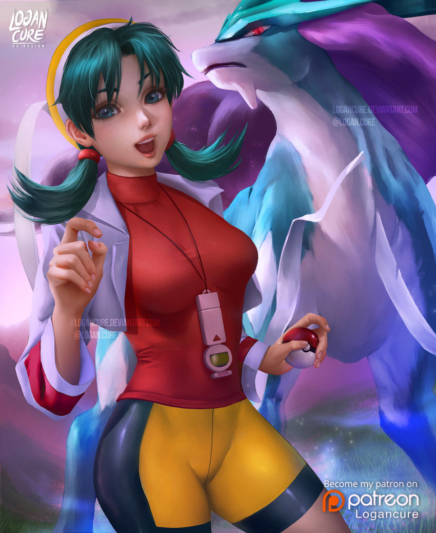 absurdres artist_name bike_shorts black_shorts blue_eyes breasts cropped_jacket english_text female green_hair highres holding holding_poke_ball jacket jewelry kris_(pokemon) large_breasts logan_cure looking_at_viewer necklace open_clothes open_jacket open_mouth patreon_logo patreon_username poke_ball poke_ball_(basic) pokemon pokemon_gsc red_shirt shirt short_twintails shorts suicune turtleneck turtleneck_shirt twintails two-tone_shorts watermark white_jacket yellow_shorts