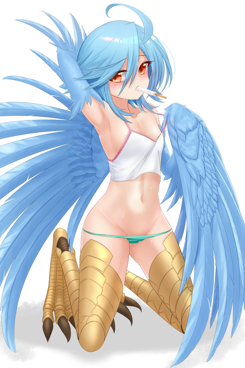 absurdres ahoge arm_behind_head astera_tofu bird_legs blue_feathers blue_hair blue_wings blush breasts commentary digitigrade feathered_wings feathers female food food_in_mouth green_panties hair_between_eyes harpy highres kneeling long_hair looking_at_viewer monster_girl monster_musume_no_iru_nichijou navel panties papi_(monster_musume) popsicle popsicle_in_mouth scales simple_background small_breasts solo talons tank_top underwear white_background white_tank_top winged_arms wings