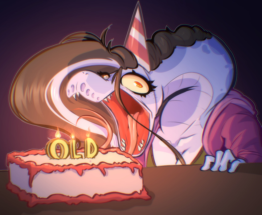 amber_sclera anthro apode birthday_cake birthday_candle birthday_candles black_hair blue_body blue_scales cake candle candlelight candlestick clothing dessert draconcopode fangs female food forked_tongue hair hat headgear headwear hi_res kaya_(witchtaunter) legless light long_tongue multicolored_hair naga open_mouth party_hat pink_hair red_eyes reptile scales scalie serpentine sharp_teeth snake solo teeth tongue two_tone_hair witchtaunter