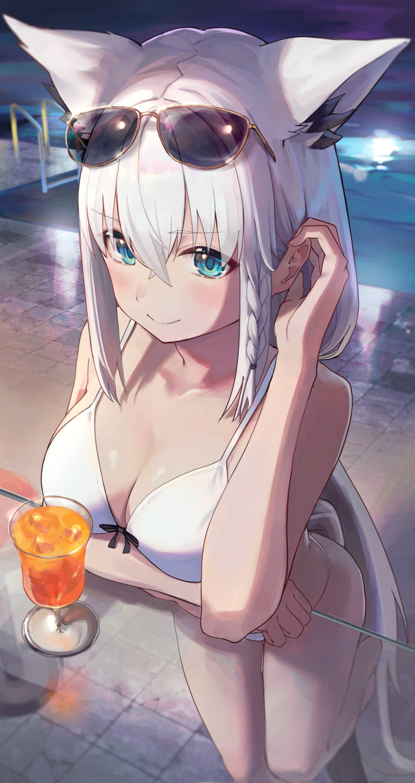 absurdres adjusting_hair ahoge animal_ear_fluff animal_ears aqua_eyes arm_under_breasts bikini blurry blurry_background blush braid breast_rest breasts cleavage closed_mouth cocktail cocktail_glass commentary_request counter crossed_bangs cup double-parted_bangs drinking_glass extra_ears eyewear_on_head female fox_ears fox_girl fox_tail front-tie_bikini_top front-tie_top green_eyes hair_between_eyes hand_up highres hololive leaning_on_object leg_up long_hair looking_at_viewer low_ponytail medium_breasts night outdoors pool poolside satellite999 shirakami_fubuki side_braid sidelocks single_braid smile solo sunglasses swimsuit table tail tile_floor tiles very_long_hair virtual_youtuber white_bikini white_hair