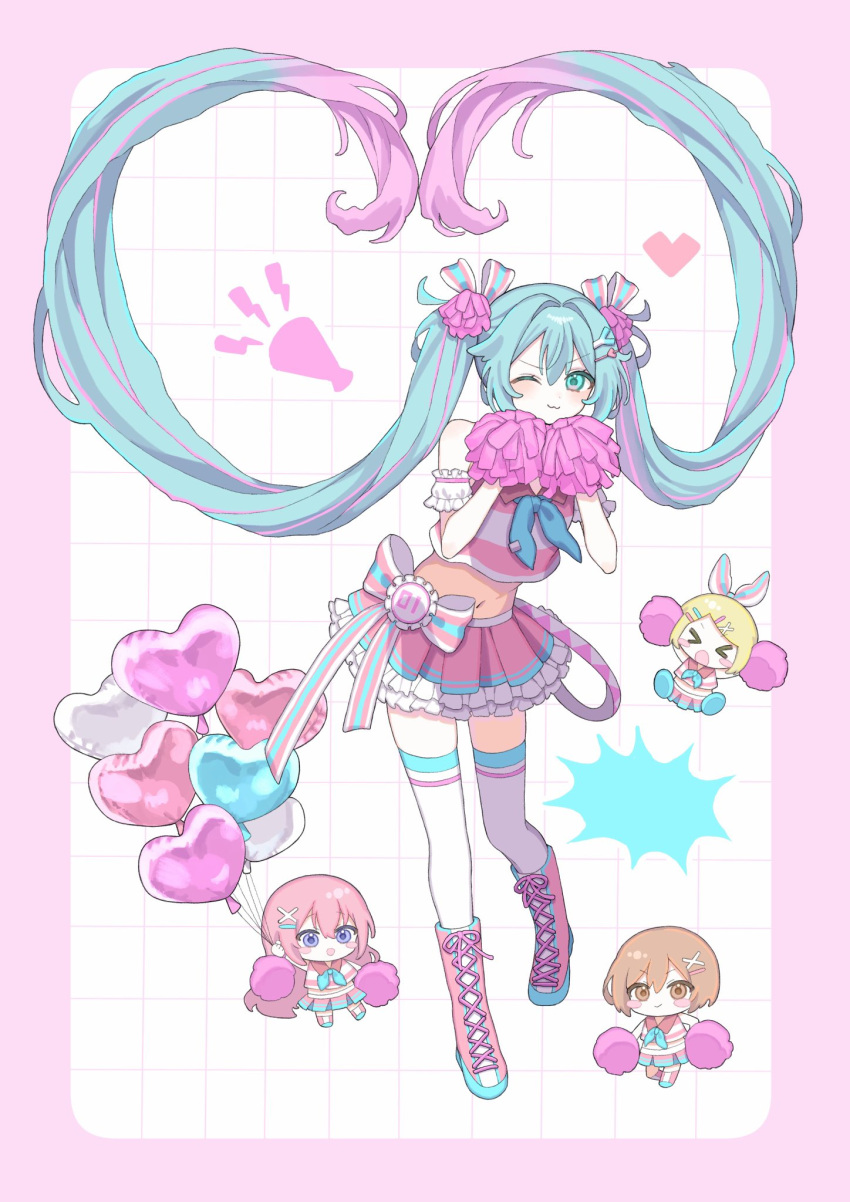 4girls :3 aqua_hair blonde_hair boots brown_hair cheerleader chibi closed_mouth commentary cross-laced_footwear full_body hashtag-only_commentary hatsune_miku highres holding holding_pom_poms kagamine_rin long_hair looking_at_viewer maririmochi megurine_luka meiko_(vocaloid) midriff multicolored_hair multiple_girls navel one_eye_closed pink_footwear pink_hair pom_pom_(cheerleading) skirt smile standing striped_clothes striped_thighhighs thighhighs twintails very_long_hair vocaloid white_thighhighs