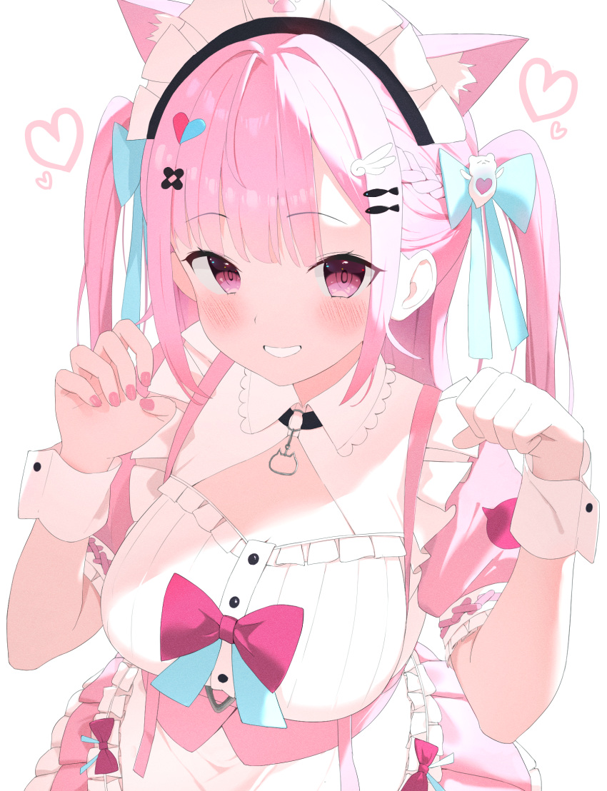 animal_ear_fluff animal_ears aqua_bow black_choker blush bow braid breasts cat_choker cat_ears cat_girl choker claw_pose cleavage commentary dress female fingernails fish_hair_ornament ghost_hair_ornament grin hair_ornament hairbow hairclip heart heart_hair_ornament highres indie_virtual_youtuber large_breasts long_hair looking_at_viewer maid maid_headdress nail_polish nakop98 o-ring o-ring_choker paw_pose paw_print pink_bow pink_dress pink_eyes pink_hair pink_nails short_sleeves sidelighting simple_background smile solo two_side_up virtual_youtuber white_background white_wrist_cuffs wing_hair_ornament wrist_cuffs yuuki_sakuna