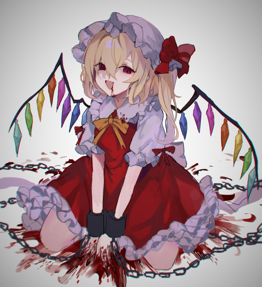 blonde_hair blood blood_on_clothes blood_on_face blood_on_ground blood_on_hands bow chains cuffs dress embodiment_of_scarlet_devil female flandre_scarlet frilled_dress frills hair_between_eyes hat highres kani_nyan kneeling looking_at_viewer medium_hair oerba_yun_fang one_side_up puffy_short_sleeves puffy_sleeves red_bow red_dress red_eyes shackles short_sleeves skin_fang solo touhou white_hat wings yellow_bow