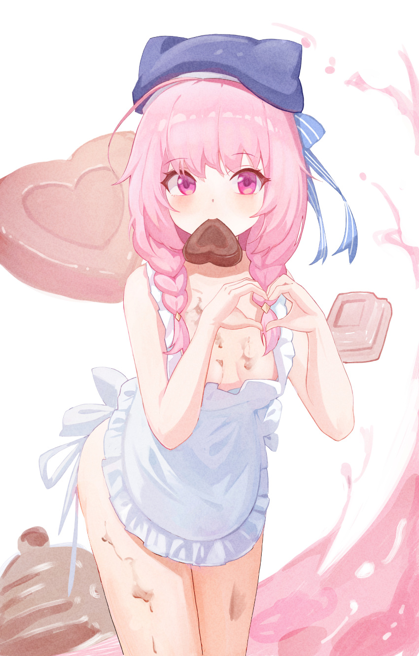 absurdres apron blue_hat blue_ribbon blush braid candy chinese_commentary chocolate chocolate_on_body chocolate_on_legs commentary_request female food food_on_body hamartia_(yi_shijie_chaoji_zhanzheng) hat hat_ribbon heart heart-shaped_chocolate heart-shaped_food heart_hands highres long_hair looking_at_viewer mouth_hold naked_apron pink_eyes pink_hair ribbon solo striped_ribbon thighs twin_braids white_apron white_background wuzhihuijia yi_shijie_chaoji_zhanzheng