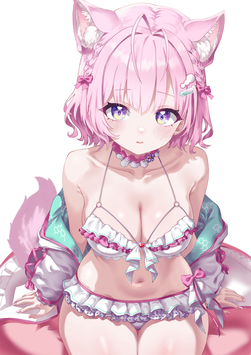 absurdres animal_ear_fluff animal_ears antenna_hair aqua_jacket bare_shoulders bikini blush bow braid breasts choker cleavage collarbone commentary_request extra_ears female frilled_bikini frilled_choker frills front-tie_bikini_top front-tie_top gyoza_(pixiv17855879) hair_ornament hairbow hairclip hakui_koyori hakui_koyori_(summer) halterneck highres hololive hood hooded_jacket jacket jacket_partially_removed large_breasts legs_together looking_at_viewer medium_breasts multi-strapped_bikini_top nail_polish navel official_alternate_costume official_alternate_hair_length official_alternate_hairstyle paid_reward_available pink_hair pink_nails purple_eyes short_hair side_braids simple_background sitting solo swimsuit tail twin_braids two-sided_fabric two-sided_jacket virtual_youtuber white_background white_bikini white_choker white_jacket wolf_ears wolf_girl wolf_tail