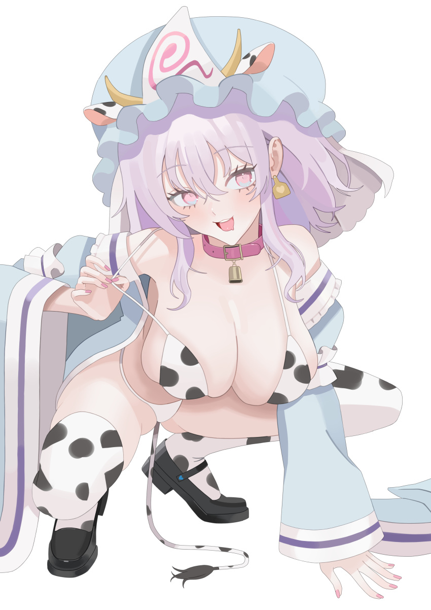 absurdres animal_ears animal_print belt belt_collar bikini black_footwear blue_hat blue_kimono blush breasts choker cleavage collar commentary_request cow_ears cow_horns cow_print cow_print_bikini cow_print_thighhighs cow_tail ear_tag female fingernails hair_between_eyes hat highres horns huge_breasts japanese_clothes kimono long_sleeves looking_at_viewer mary_janes medium_hair mob_cap nail_polish ohisashiburi_(style) open_mouth oshimai pink_belt pink_choker pink_collar pink_eyes pink_hair pink_nails print_bikini print_thighhighs pulling_own_clothes saigyouji_yuyuko shoes simple_background smile solo squatting strap_pull swimsuit tail teeth thighhighs thighs tongue tongue_out touhou triangular_headpiece two-tone_eyes upper_teeth_only white_background white_bikini white_thighhighs