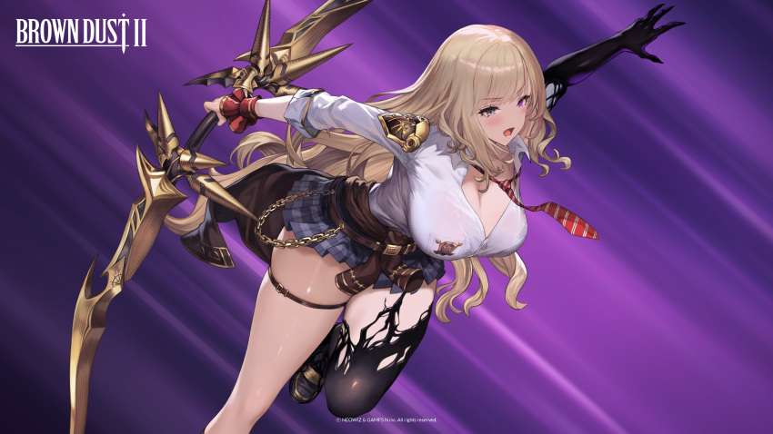 absurdres asymmetrical_legwear blonde_hair blush bow_(weapon) breasts brown_dust_(series) brown_dust_2 brown_sweater checkered_clothes checkered_skirt cleavage clothes_around_waist eleaneer_(brown_dust_2) eyebrows_hidden_by_hair female grey_eyes highres holding holding_bow_(weapon) holding_weapon large_breasts long_hair necktie official_art official_wallpaper open_mouth purple_eyes school_emblem school_uniform second-party_source shirt simple_background skindentation skirt solo standing standing_on_one_leg striped_necktie sweater sweater_around_waist symbiote thigh_strap very_long_hair weapon white_shirt