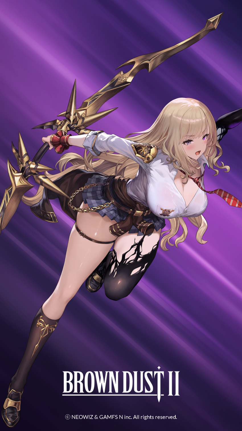 asymmetrical_legwear blonde_hair blush bow_(weapon) breasts brown_dust_(series) brown_dust_2 brown_sweater checkered_clothes checkered_skirt cleavage clothes_around_waist eleaneer_(brown_dust_2) eyebrows_hidden_by_hair female grey_eyes highres holding holding_bow_(weapon) holding_weapon large_breasts long_hair necktie official_art official_wallpaper open_mouth purple_eyes school_emblem school_uniform second-party_source shirt simple_background skindentation skirt solo standing standing_on_one_leg striped_necktie sweater sweater_around_waist symbiote thigh_strap very_long_hair weapon white_shirt