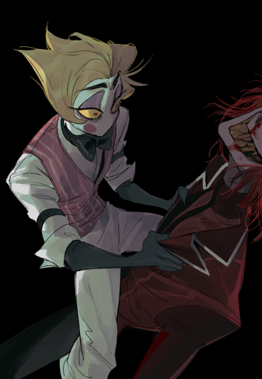 2boys alastor_(hazbin_hotel) blonde_hair blood blood_on_face colored_sclera demon_boy formal_clothes grin hair_slicked_back hazbin_hotel highres ihkmf0 lucifer_morningstar_(hazbin_hotel) male_focus multiple_boys red_eyes red_hair sharp_teeth smile teeth yellow_sclera