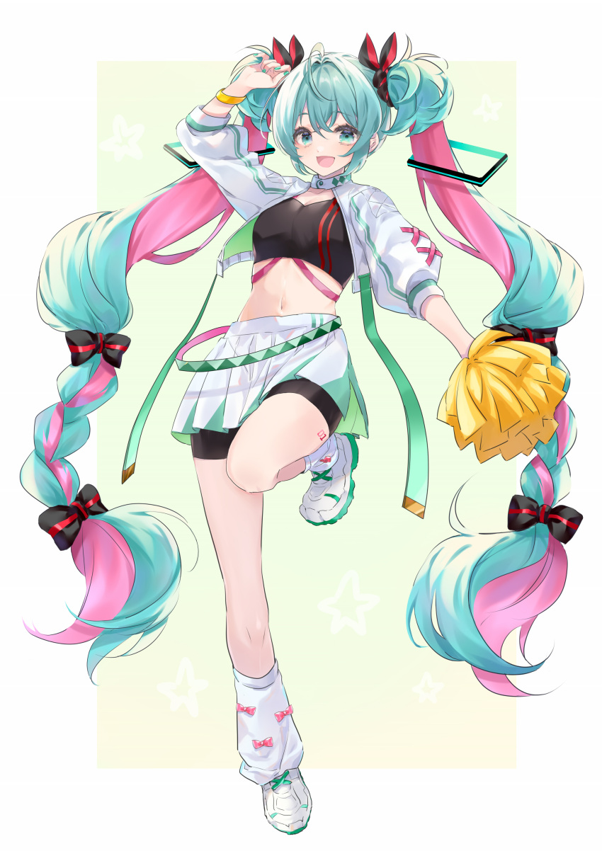 absurdres aqua_eyes aqua_hair arm_up bike_shorts bike_shorts_under_skirt bow bow_legwear cheerleader female full_body hairbow hatsune_miku highres holding holding_pom_poms jacket long_hair looking_at_viewer multicolored_hair navel nii_(okehnzfa0k0wztq) open_clothes open_jacket open_mouth pink_bow pink_hair pom_pom_(cheerleading) shoes short_sleeves simple_background skirt smile socks solo standing standing_on_one_leg stomach twintails two-tone_background very_long_hair vocaloid white_footwear white_jacket white_skirt white_socks