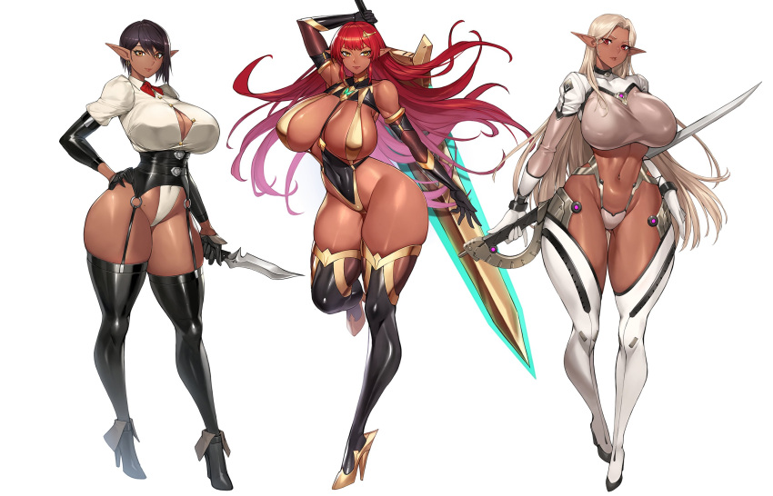 3girls arm_behind_back arm_up ass_visible_through_thighs bare_shoulders between_breasts bikini black_footwear black_gloves black_hair black_leotard black_thighhighs blonde_hair bodysuit boots breasts brown_eyes cleavage closed_mouth clothing_cutout commentary_request covered_navel crop_top curvy dagger dark-skinned_female dark_elf dark_skin earrings elbow_gloves elf gloves groin gurimjang half_gloves high_heels highleg highleg_leotard highres holding holding_dagger holding_knife holding_sword holding_weapon huge_breasts huge_weapon jewelry knife large_breasts leg_up leotard light_smile long_hair looking_at_viewer mole multiple_girls navel original parted_bangs pointy_ears red_eyes red_hair revealing_clothes short_hair shrug_(clothing) simple_background skindentation smile standing standing_on_one_leg stomach stomach_cutout strap_between_breasts super_highleg swimsuit sword thick_thighs thigh_boots thighhighs thighs thong thong_bikini very_long_hair weapon weapon_behind_back white_background white_bodysuit white_footwear white_gloves white_thighhighs wide_hips yellow_eyes