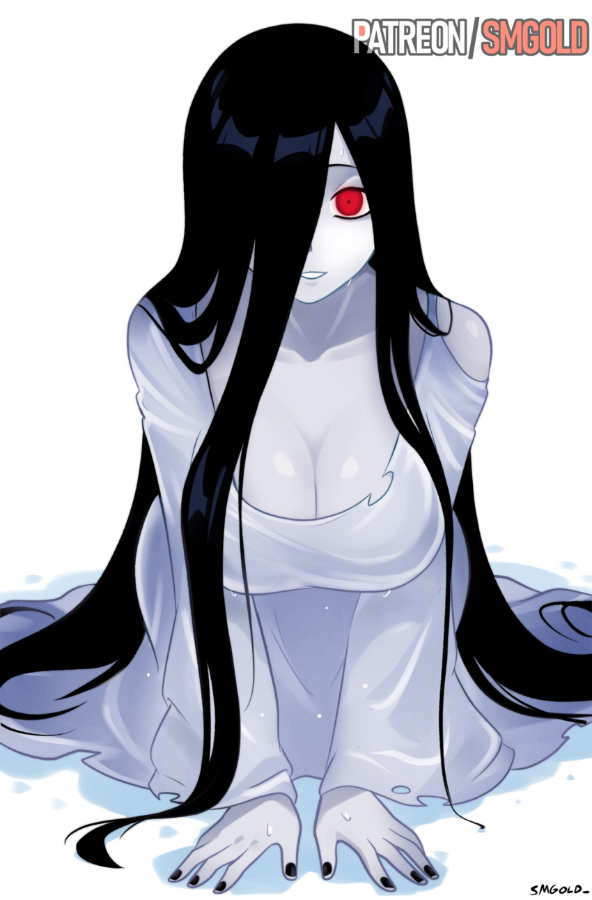 artist_name black_hair black_nails breasts cleavage dress female ghost ghost_girl glowing glowing_eye hair_over_one_eye highres large_breasts long_hair looking_at_viewer nail_polish one_eye_covered patreon_username red_eyes smgold solo the_ring very_long_hair white_background white_dress yamamura_sadako