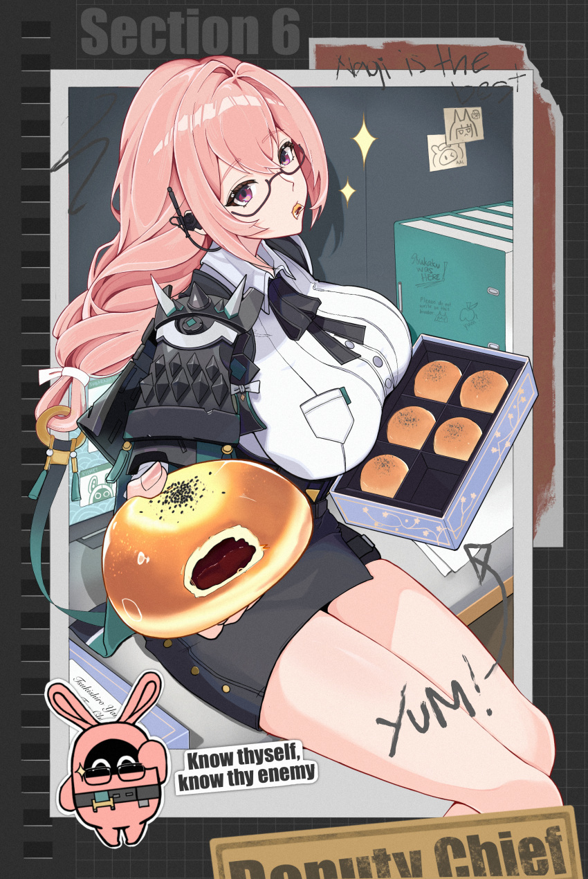 absurdres baozi binder black-framed_eyewear black_ribbon black_skirt body_writing box breasts collared_shirt desk dress_shirt earpiece english_commentary female food food_in_mouth glasses hair_ornament high-waist_skirt highres holding holding_food indoors large_breasts long_hair office_lady on_desk pencil_skirt pink_eyes pink_hair ribbon semi-rimless_eyewear shirt sidelocks silent_kismet sitting skirt solo tsukishiro_yanagi white_shirt zenless_zone_zero