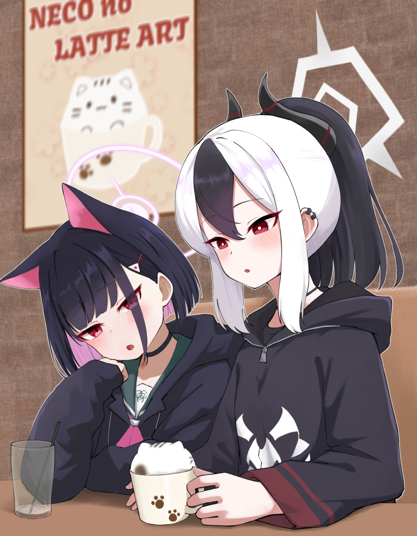 2girls absurdres animal_ears black_hair blue_archive cat_ears cup english_text extra_ears halo highres hood hoodie horns kayoko_(blue_archive) kazusa_(blue_archive) looking_at_another multiple_girls pink_hair red_hair school_uniform serafuku shiroiurushi white_hair