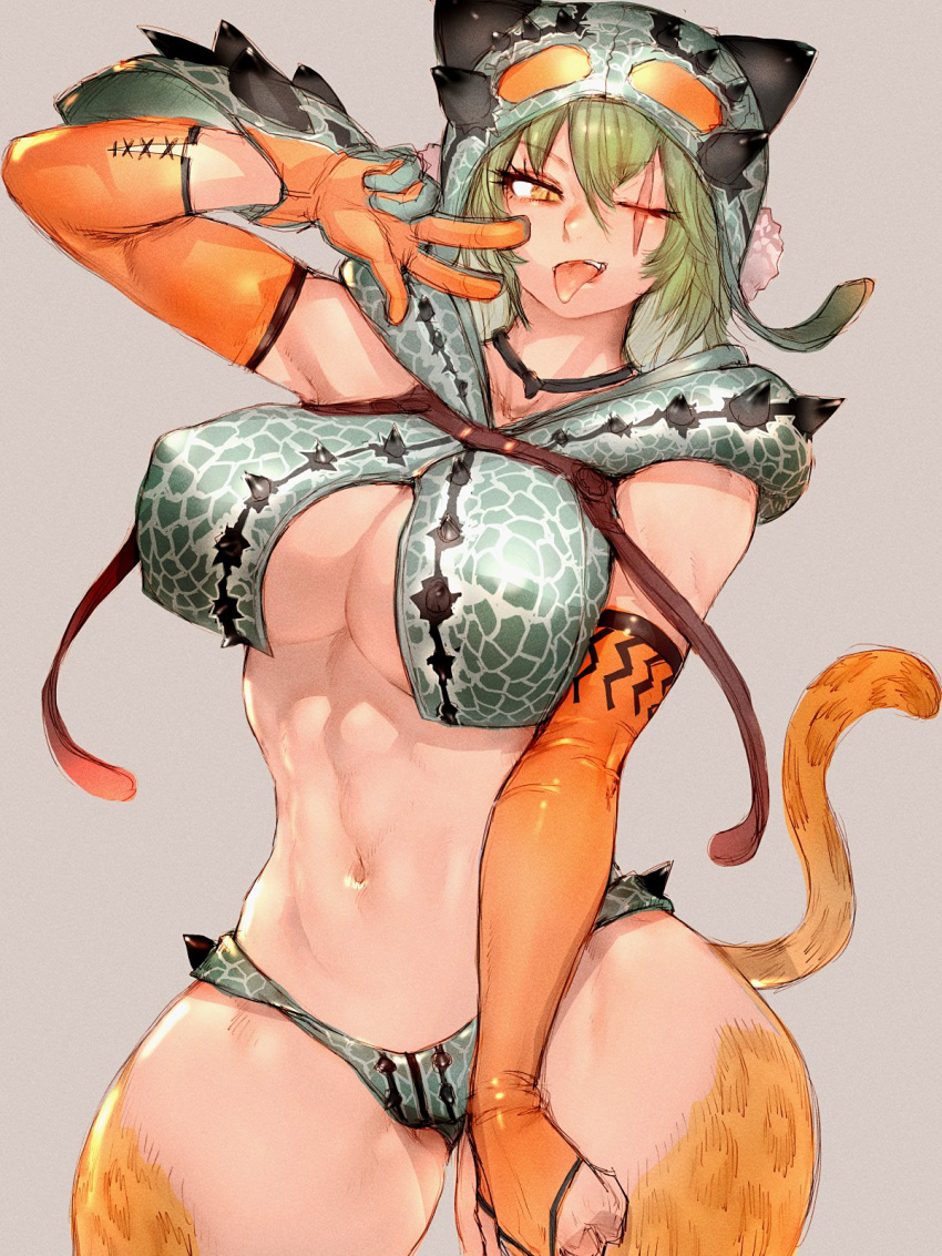 abs animal_ears ass back bikini breasts dark-skinned_female dark_skin dragon_print female fumio_(rsqkr) goggles goggles_on_head green_hair highres large_breasts leopard_ears leopard_girl leopard_tail looking_at_viewer narrow_waist oerba_yun_fang one_eye_closed original scar scar_across_eye short_hair swimsuit tail thick_thighs thighs toned tongue tongue_out