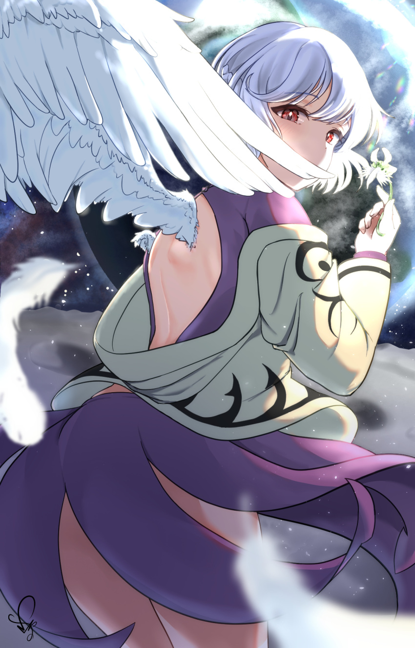 back back_cutout clothing_cutout covered_mouth cowboy_shot dress earth_(planet) egret_orchid falling_feathers feathered_wings feathers female flower grey_jacket highres holding holding_flower jacket jacket_partially_removed kishin_sagume looking_at_viewer looking_back moon on_moon planet purple_dress red_eyes single_wing sky solo space standing star_(sky) starry_sky thighs touhou white_flower white_hair white_wings wings yuwayuwano0909