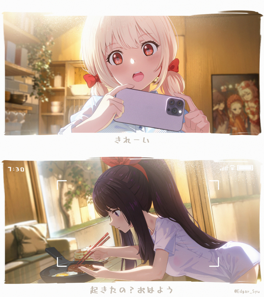 2girls :o absurdres alternate_costume bent_over black_hair blonde_hair blush bow breasts commentary_request cooking edgar_syu egg_(food) food from_side frying_pan hair_ribbon hairband hairbow hands_up highres holding holding_phone indoors inoue_takina large_breasts long_hair low_twintails lycoris_recoil multiple_girls nishikigi_chisato phone ponytail profile red_bow red_eyes red_hairband red_ribbon ribbon shirt short_hair short_sleeves taking_picture teeth translated twintails upper_teeth_only white_shirt