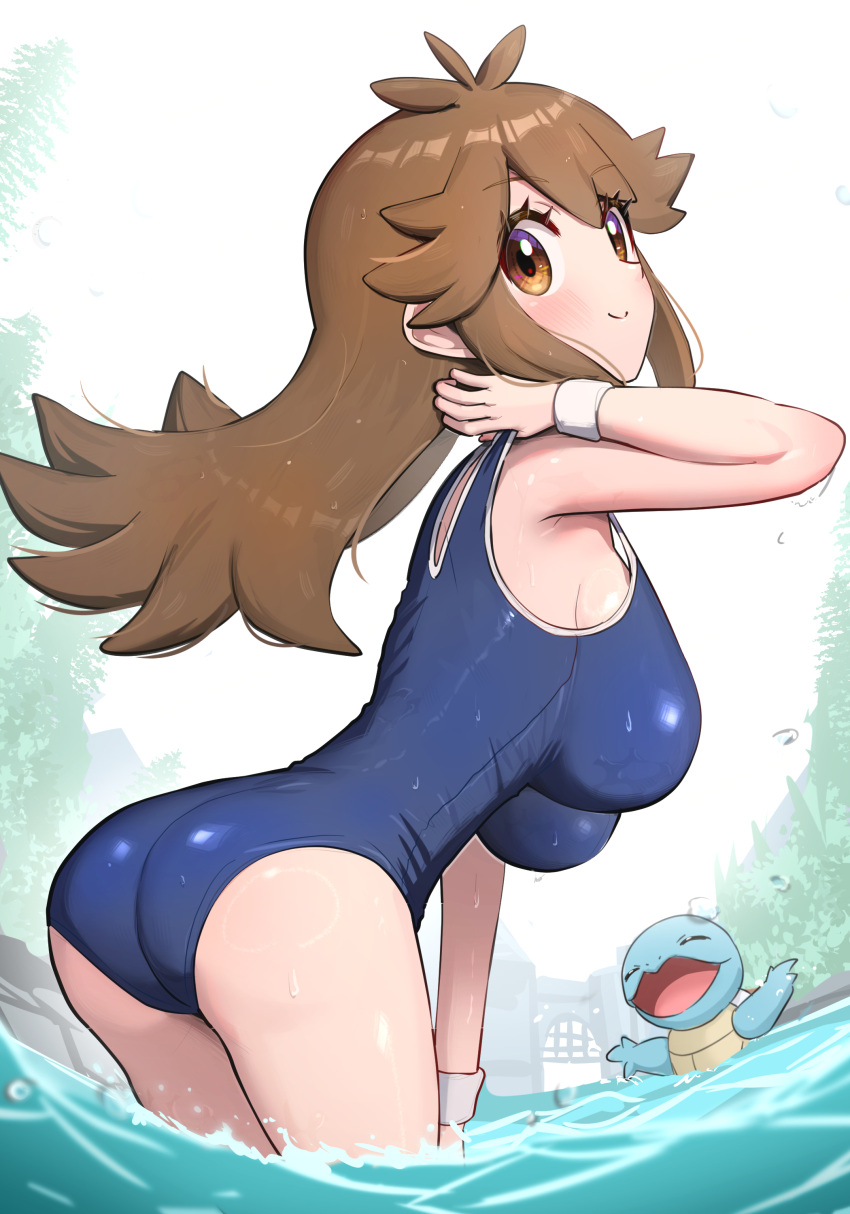 absurdres adjusting_clothes adjusting_swimsuit arm_behind_head ass ass_focus bent_over blue_one-piece_swimsuit blush breasts brown_eyes brown_hair commentary_request female from_behind gonzarez green_(pokemon) hand_on_own_thigh highres in_water large_breasts light_smile long_hair looking_at_viewer one-piece_swimsuit outdoors pokemon pokemon_(creature) pokemon_lgpe school_swimsuit squirtle swimsuit water wet white_wristband wristband