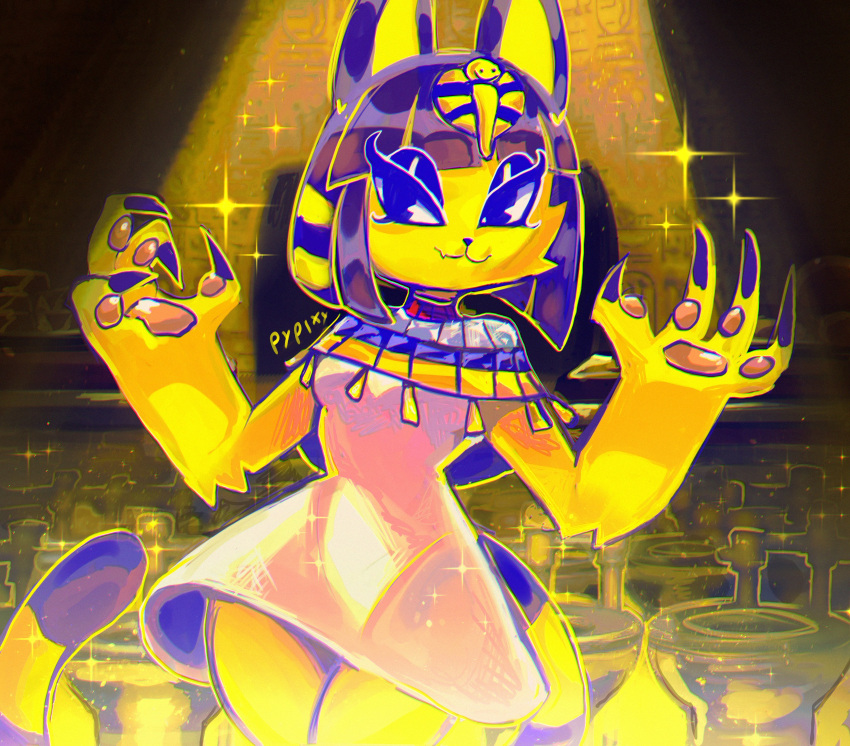 2024 4_fingers absurd_res animal_crossing ankha_(animal_crossing) anthro arm_tuft bangs blue_ears blue_hair bob_cut breasts claws clothed clothed_anthro clothed_female clothing digital_media_(artwork) domestic_cat dress egyptian egyptian_clothing elbow_tuft eye_through_hair felid feline felis female female_anthro finger_claws fingers front_view fur glistening glistening_eyelids glistening_hair hair hi_res hieroglyphics mammal markings mouth_closed narrowed_eyes nintendo pawpads portrait pypixy small_waist solo sparkles striped_markings striped_tail stripes tail tail_markings three-quarter_portrait toilet translucent translucent_hair tuft uraeus usekh white_clothing white_dress yellow_body yellow_face yellow_fur yellow_inner_ear