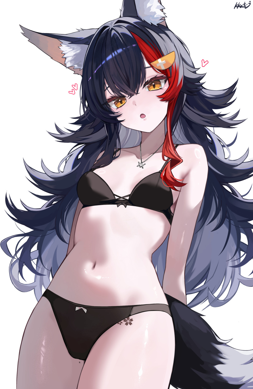 :o absurdres alternate_breast_size animal_ear_fluff animal_ears arms_behind_back black_bra black_hair black_panties bra breasts crossed_bangs double-parted_bangs female flipped_hair hair_between_eyes hair_ornament hairclip highres hololive jewelry kkato long_hair looking_at_viewer multicolored_hair navel necklace ookami_mio open_mouth panties red_hair sidelocks simple_background small_breasts solo spiked_hair stomach streaked_hair tail underwear underwear_only very_long_hair virtual_youtuber white_background wolf_ears wolf_girl wolf_tail yellow_eyes