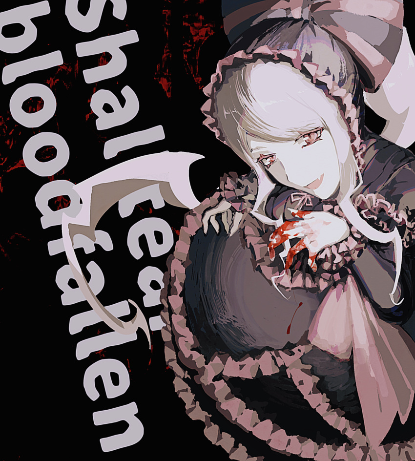 blood blood_on_hands character_name dress female highres lolita_fashion looking_at_viewer oerba_yun_fang overlord_(maruyama) red_eyes shalltear_bloodfallen shikiro1212 slit_pupils solo vampire white_hair