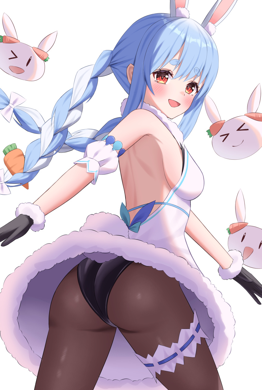 absurdres animal_ear_fluff animal_ears ass black_gloves black_leotard black_pantyhose blue_hair blush braid breasts carrot_hair_ornament dress female food-themed_hair_ornament fur-trimmed_dress fur-trimmed_gloves fur_trim gloves hair_ornament highres hololive kumoru_(kumoru_145) leotard leotard_under_clothes long_hair looking_at_viewer medium_breasts multicolored_hair open_mouth orange_eyes pantyhose pekomon_(usada_pekora) rabbit-shaped_pupils rabbit_ears rabbit_girl short_eyebrows smile solo symbol-shaped_pupils twin_braids two-tone_hair usada_pekora usada_pekora_(1st_costume) virtual_youtuber white_dress white_hair