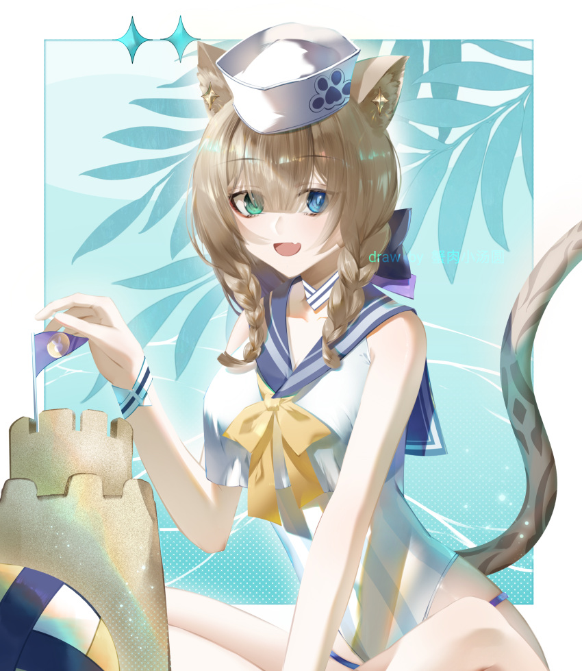 absurdres animal_ears ball blue_eyes blue_sailor_collar bow bowtie braid breasts brown_hair cat_ears cat_girl cat_tail female green_eyes hat heterochromia highres honkai_(series) honkai_impact_3rd indian_style kailu_(kyshiro) looking_at_viewer medium_breasts medium_hair oerba_yun_fang official_alternate_costume one-piece_swimsuit open_mouth pardofelis pardofelis_(summer_2024) sailor_collar sand_castle sand_sculpture sitting skin_fang solo striped_clothes striped_one-piece_swimsuit swimsuit tail twin_braids vertical-striped_clothes vertical-striped_one-piece_swimsuit volleyball_(object) white_hat yellow_bow yellow_bowtie