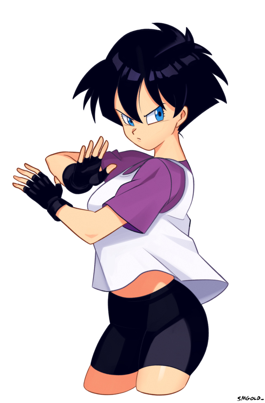 artist_name bike_shorts black_gloves black_shorts blue_eyes closed_mouth cowboy_shot dragon_ball dragon_ball_z female fingerless_gloves gloves hair_between_eyes highres looking_at_viewer midriff_peek pink_shirt shirt short_hair short_sleeves shorts smgold solo videl white_background white_shirt