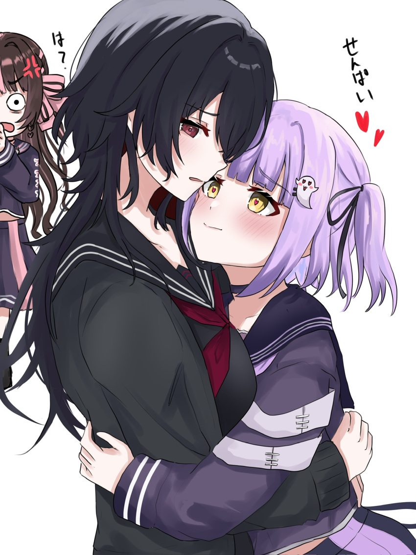 3girls ? akue anger_vein black_cardigan black_hair black_sailor_collar black_serafuku breasts brown_hair cardigan choker constricted_pupils face-to-face ghost_hair_ornament heart heart-shaped_pupils height_difference highres hug kisaragi_ren_(5th_costume) kisaragi_ren_(vtuber) large_breasts long_hair long_sleeves looking_at_another miniskirt multicolored_hair multiple_girls neckerchief pink_hair pleated_skirt purple_hair purple_skirt red_eyes red_neckerchief sailor_collar school_uniform serafuku shinomiya_runa short_twintails skirt split-color_hair streaked_hair surprised symbol-shaped_pupils tachibana_hinano_(vtuber) twintails very_long_hair virtual_youtuber vspo! wolf_cut yellow_eyes yuri