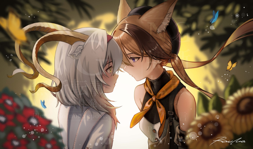 2girls absurdres animal animal_ear_fluff animal_ears arknights beeswax_(arknights) beret black_hat blurry blurry_background blurry_foreground breasts brown_hair bug butterfly cardigan_(arknights) cardigan_(sunny_day)_(arknights) commentary_request depth_of_field eye_contact flower grey_hair hair_between_eyes hat highres horns long_hair looking_at_another low_twintails multicolored_hair multiple_girls purple_eyes rau_ma_(the_rauma001) red_flower shirt signature small_breasts twintails two-tone_hair upper_body very_long_hair watermark white_shirt yellow_flower