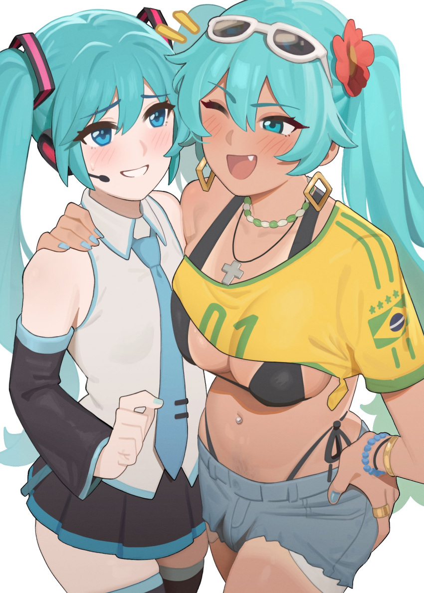 2girls aqua_hair bare_shoulders bead_bracelet bead_necklace beads bikini black_bikini black_skirt blue_eyes blue_nails blue_necktie blue_shorts bracelet brazilian_miku breasts bulge dark-skinned_female dark_skin denim denim_shorts detached_sleeves dual_persona english_commentary eyewear_on_head flower futanari green_shirt grey_shirt grin hair_between_eyes hair_flower hair_ornament hatsune_miku highres jewelry large_breasts long_hair long_sleeves multiple_girls navel_piercing necklace necktie oerba_yun_fang one_eye_closed open_mouth piercing shirt short_sleeves shorts single_bare_shoulder skirt sleepy_frippy smile sunglasses swimsuit twintails vocaloid