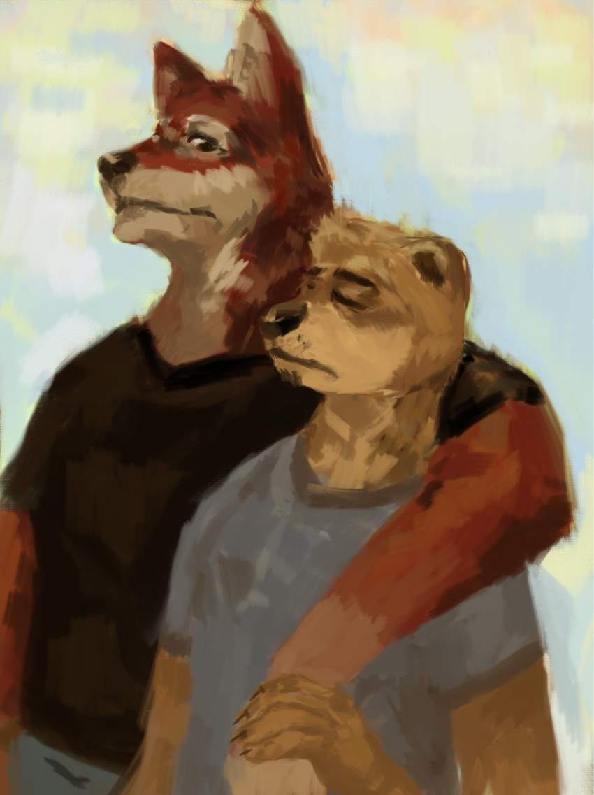 2018 alternate_version_at_source anthro arm_around_shoulder black_nose canid canine canis chase_hunter cherry_infinite closed_eyes clothing duo echo_(game) echo_(series) echo_project facial_hair goatee hi_res holding_wrist leo_alvarez looking_at_another male male/male mammal mustelid otter red_wolf shirt standing t-shirt topwear wolf