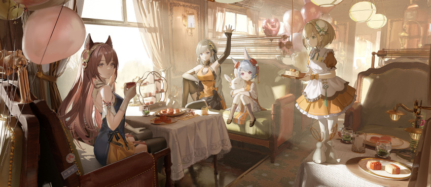 4girls absurdres animal_ears apron arm_up armlet ata-zhubo balloon bare_shoulders black_gloves blonde_hair blue_eyes blue_hair brown_eyes brown_hair bun_cover chair character_request closed_mouth colored_inner_hair commentary_request copyright_request couch cup curtains dessert dress elbow_gloves food garter_straps gloves hair_intakes hair_ornament highres indoors jewelry long_hair multicolored_hair multiple_girls orange_dress pastry pink_hair plate purple_eyes sitting standing stuffed_animal stuffed_rabbit stuffed_toy table tablecloth thighhighs tiered_tray white_apron white_gloves window