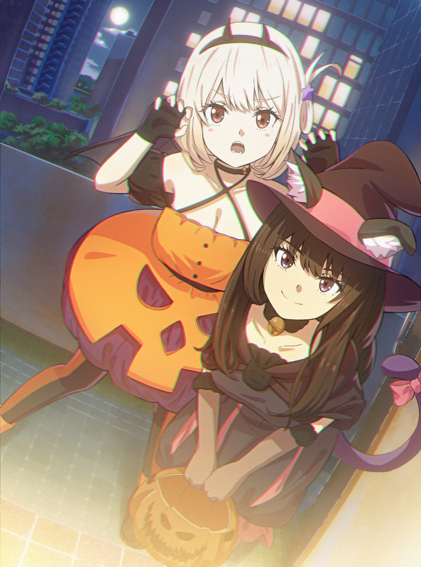 2girls absurdres animal_ears black_gloves black_hair black_pantyhose blonde_hair cat_tail chromatic_aberration closed_mouth collarbone commentary demon_wings detached_sleeves doorway dress edgar_syu elbow_gloves fake_animal_ears fake_tail fake_wings fangs fingerless_gloves gloves hair_ornament halloween halloween_costume highres inoue_takina long_hair lycoris_recoil multiple_girls nishikigi_chisato one_side_up open_mouth orange_dress pantyhose pov_doorway purple_eyes red_eyes short_hair smile star_(symbol) star_hair_ornament tail trick_or_treat wings