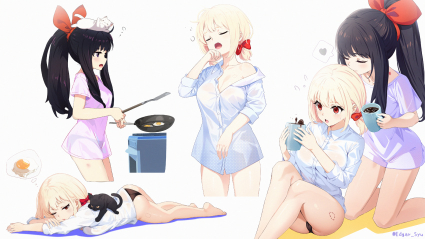 2girls absurdres ahoge animal_on_head ass bite_mark bite_mark_on_thigh black_hair black_panties blonde_hair bow breasts cat_on_head closed_eyes coffee coffee_mug commentary_request cooking cup dress_shirt edgar_syu feline fried_egg frying_pan hair_ribbon hairbow heart hickey highres holding holding_cup holding_frying_pan holding_spatula inoue_takina kissing_head large_breasts long_hair low_twintails lycoris_recoil medium_breasts mug multiple_girls nishikigi_chisato on_head one_eye_closed open_mouth panties pink_shirt ponytail purple_eyes red_bow red_eyes red_ribbon ribbon shirt short_hair short_twintails single_off_shoulder sleepy sleeves_past_elbows spatula spoken_heart thought_bubble twintails twitter_username underwear white_shirt yuri