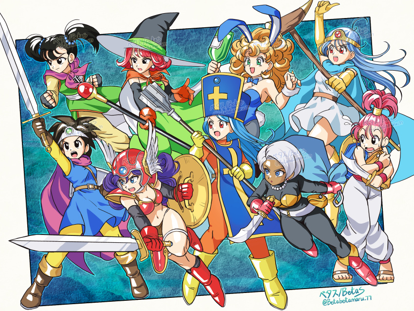 6+girls absurdres animal_ears armor betabetamaru bikini_armor blue_leotard bodystocking bow bowtie breasts cape cleavage dagger detached_collar dragon_quest dragon_quest_iii fake_animal_ears fake_tail fighter_(dq3) habit hat helmet heroine_(dq3) highres holding holding_dagger holding_knife holding_mace holding_sack holding_shield holding_staff holding_weapon jester_(dq3) knife large_breasts leotard mace mage_(dq3) mage_staff merchant_(dq3) multiple_girls open_mouth playboy_bunny priest_(dq3) rabbit_ears rabbit_tail sack sage_(dq3) shield soldier_(dq3) staff strapless strapless_leotard sword tail thief_(dq3) twintails vest weapon winged_helmet witch_hat