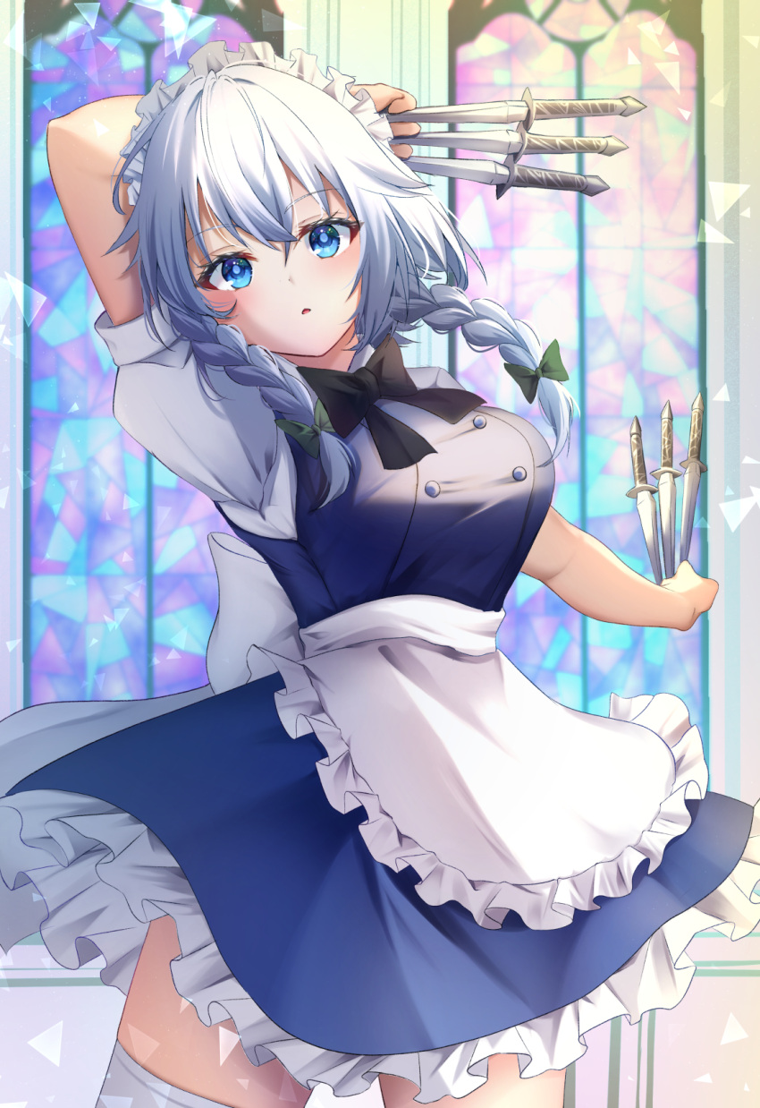 apron between_fingers black_bow black_bowtie blue_eyes bow bowtie braid breasts commentary female green_bow grey_hair hairbow highres holding holding_knife izayoi_sakuya kisaragimikuru knife knives_between_fingers long_hair looking_at_viewer maid maid_headdress open_mouth puffy_short_sleeves puffy_sleeves short_sleeves solo stained_glass thighhighs touhou twin_braids waist_apron white_apron white_thighhighs