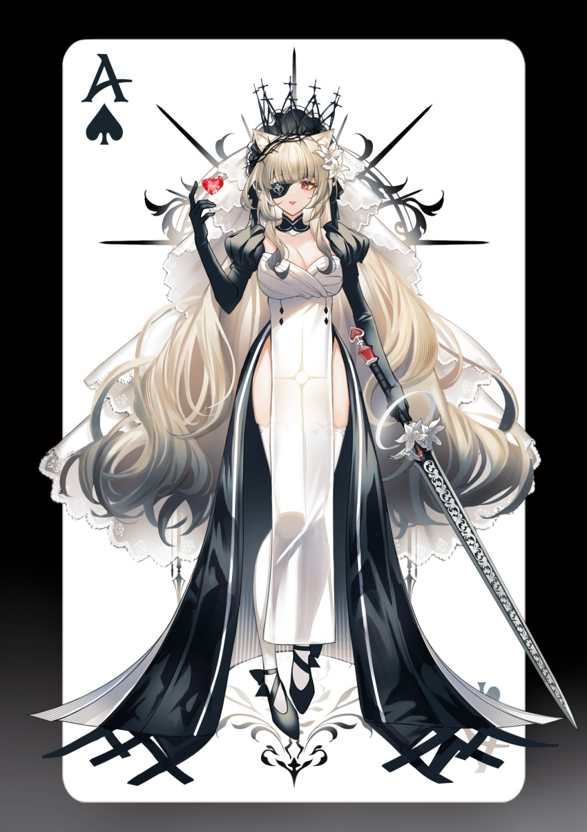 ace_(playing_card) ace_of_spades animal_ears black_border black_footwear black_gloves border breasts card cat_ears cat_fantasy cleavage commentary_request dress elbow_gloves eyepatch female flower full_body gloves hand_up heart highres holding holding_sword holding_weapon large_breasts light_brown_hair lium long_hair playing_card puff_and_slash_sleeves puffy_sleeves shoes solo spade_(shape) standing sword thighhighs veil very_long_hair weapon white_background white_dress white_flower white_thighhighs