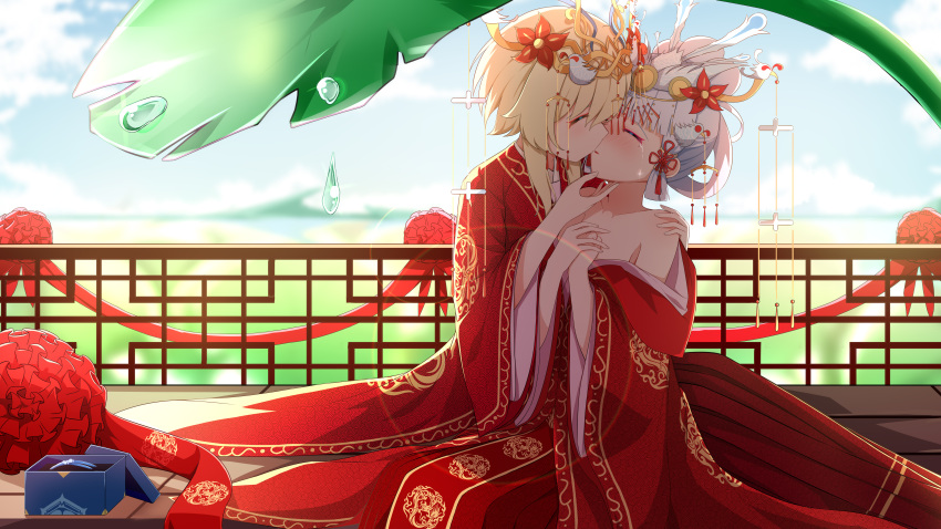 2girls absurdres architecture blonde_hair chinese_clothes chinese_wedding crying east_asian_architecture genshin_impact grey_hair hanfu highres imminent_kiss kamisato_ayaka lumine_(genshin_impact) multiple_girls mxirony red_hanfu sky wife_and_wife yuri