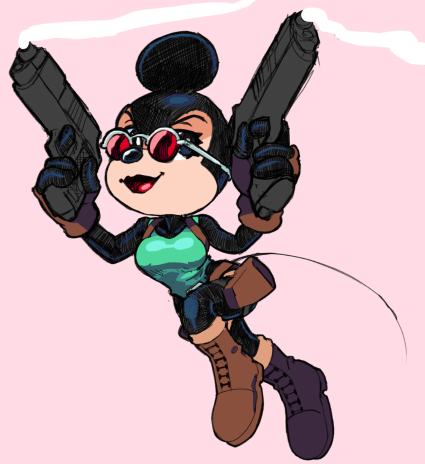 2024 anthro black_body black_fur boots breasts clothing cosplay crossover crossover_cosplay disney dual_wielding eyewear female footwear fur gun handgun hi_res holding_gun holding_handgun holding_object holding_pistol holding_ranged_weapon holding_weapon holster lara_croft lipstick makeup mammal mbwillie minnie_mouse mouse murid murine pistol ranged_weapon red_eyewear red_lipstick red_sunglasses rodent shoes smoking_gun solo sunglasses tomb_raider weapon