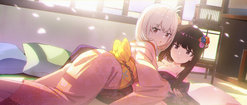 2girls absurdres black_hair blonde_hair breasts chromatic_aberration cleavage commentary_request edgar_syu flower hair_flower hair_ornament highres indoors inoue_takina japanese_clothes kimono long_hair looking_at_viewer lycoris_recoil lying_on_person medium_breasts multiple_girls nishikigi_chisato obi on_ground petals pillow purple_eyes red_eyes sash short_hair sunlight yuri