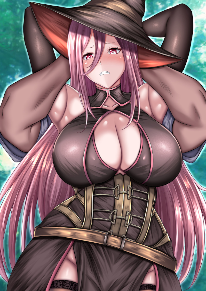 1boy absurdres armlock armpits bare_shoulders breasts character_request cleavage cleavage_cutout clothing_cutout commission copyright_request dark-skinned_male dark_skin female groin hat highres kanna_(minamozuki) large_breasts pelvic_curtain peril pixiv_commission shiny_skin thighhighs thighs witch witch_hat worried