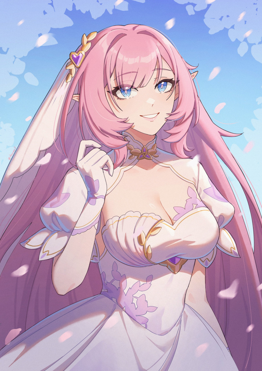 absurdres alternate_costume blue_background blue_eyes breasts bridal_veil cleavage commentary dress elf elysia_(honkai_impact) falling_petals female highres honkai_(series) honkai_impact_3rd large_breasts long_hair parted_lips petals pink_hair pointy_ears smile solo tsuume veil white_dress white_veil