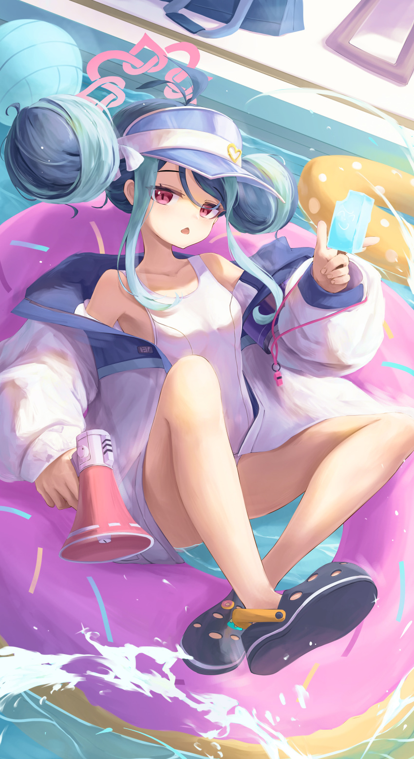 absurdres bare_shoulders blue_archive blue_hair blush breasts chestnut_mouth collarbone commentary_request convenient_leg crossed_ankles dandandan668 double_bun doughnut_innertube female food fubuki_(blue_archive) fubuki_(swimsuit)_(blue_archive) hair_bun halo hand_up heart highres holding holding_food holding_megaphone holding_popsicle index_finger_raised jacket light_brown_hair looking_at_viewer lying megaphone multicolored_hair official_alternate_costume official_alternate_hairstyle on_back one-piece_swimsuit open_clothes open_jacket open_mouth pink_halo pool poolside popsicle red_eyes sidelocks small_breasts solo swim_ring swimsuit two-tone_hair visor_cap water white_jacket white_one-piece_swimsuit