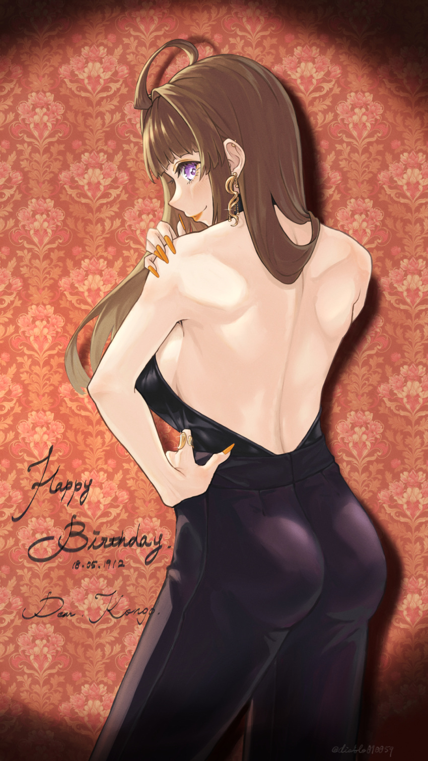 ahoge alternate_costume alternate_hairstyle ass bare_shoulders black_dress breasts brown_hair character_name cowboy_shot cursive diablo010059 dress ear_piercing female from_behind happy_birthday highres kantai_collection kongou_(kancolle) large_breasts long_hair looking_at_viewer looking_back piercing purple_eyes sideboob smile solo strapless strapless_dress twitter_username