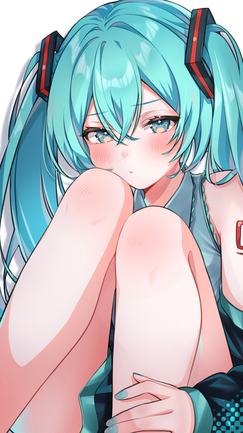 :t absurdres aqua_eyes aqua_hair aqua_nails arm_tattoo blush check_commentary commentary commentary_request detached_sleeves female ghostnukko hair_between_eyes hatsune_miku head_on_knee head_rest highres legs long_hair looking_at_viewer pout sitting solo tattoo twintails vocaloid white_background